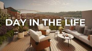 Rendering of a furnished balcony with the words day in the life overlaying the photo