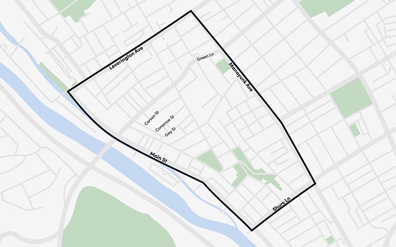 Map showing street boundaries of Manayunk neighborhood