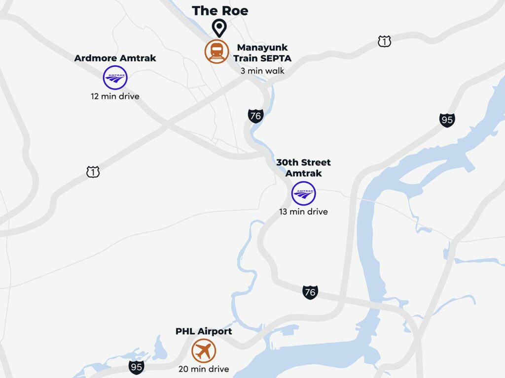 Graphic showing airports near The Roe at Manayunk