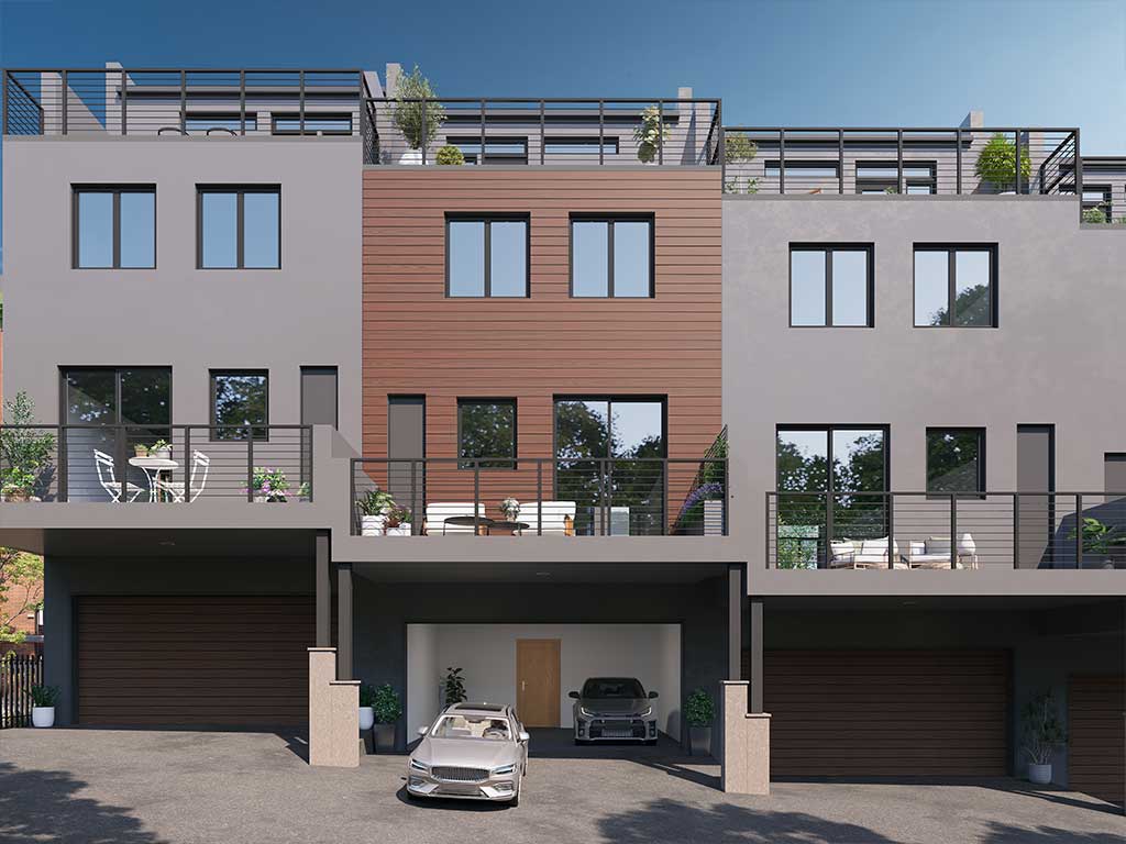 Rendering of The Roe at Manayunk townhomes with garages
