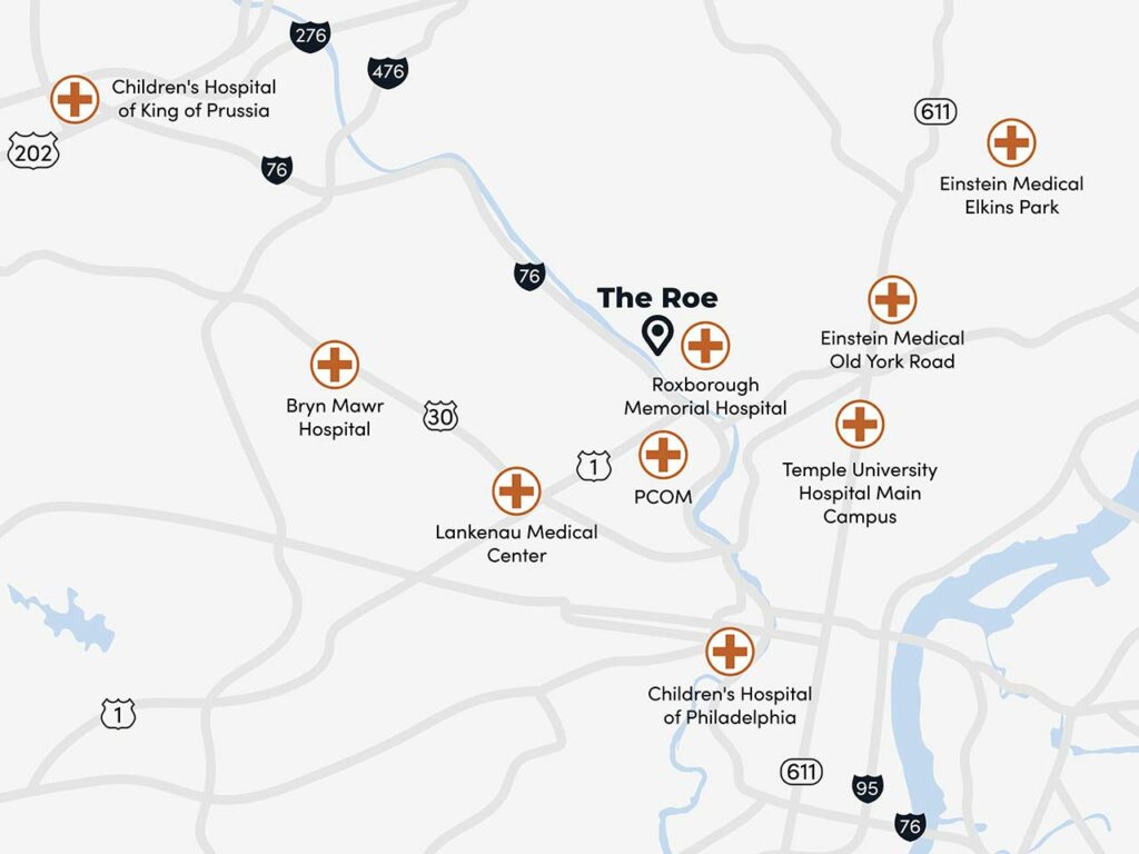 Map illustration showing Hospitals and medical center employers near The Roe at Manayunk