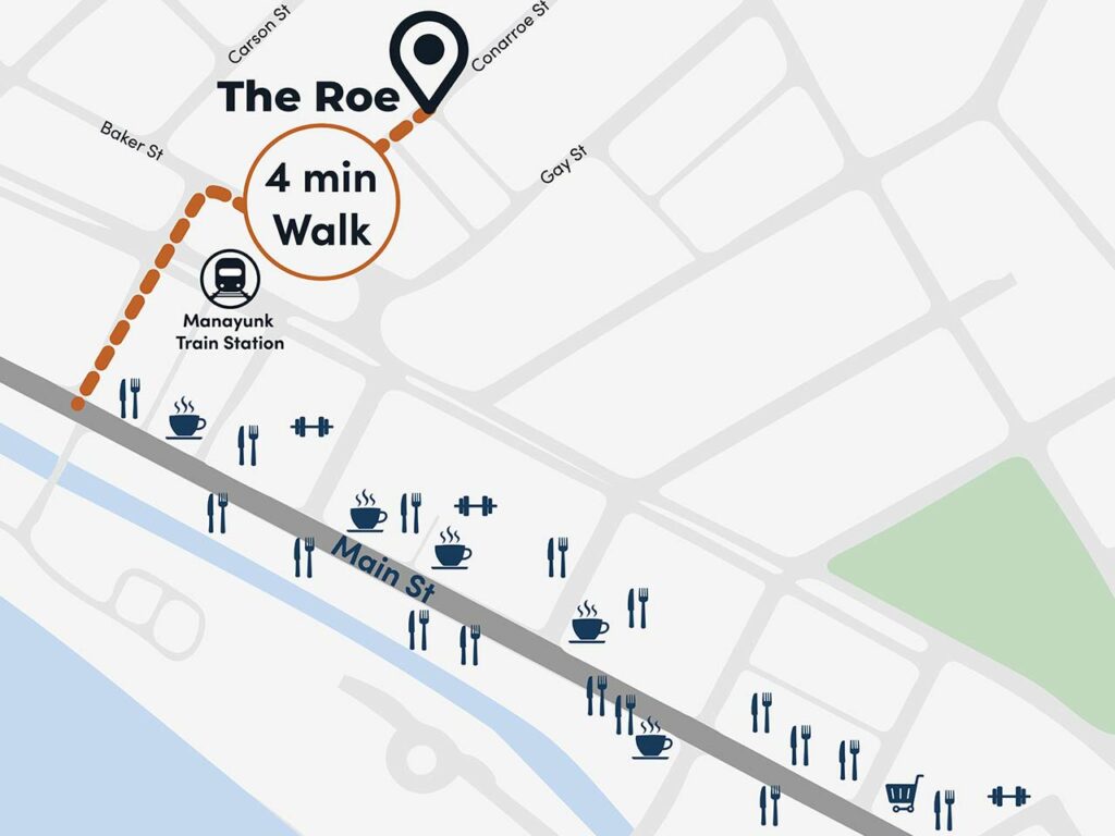 Map illustration showing how close The Roe at Manayunk is to local hot spots on Main Street in Manayunk